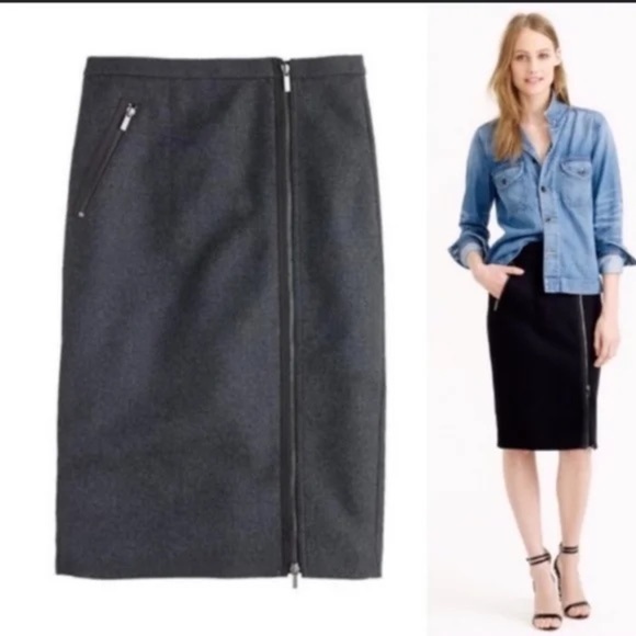 J. CrewAsymmetric Full Zip Wool Midi Pencil Classic Moto Gray Blue Size 10 Med - Picture 1 of 8